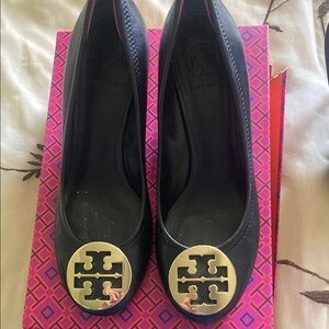 Tory Burch Black Flats with Gold Medallion